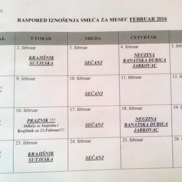 Raspored iznošenja smeća za februar