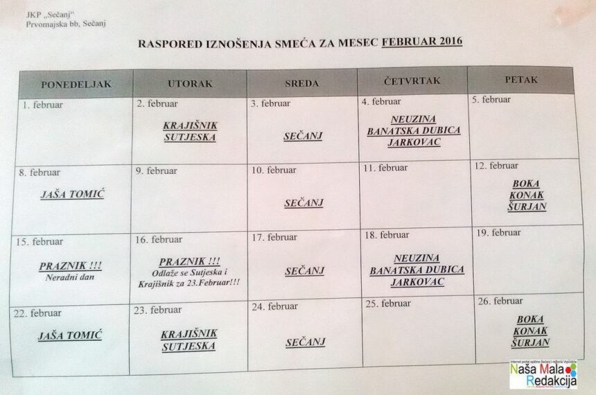 Raspored iznošenja smeća za februar