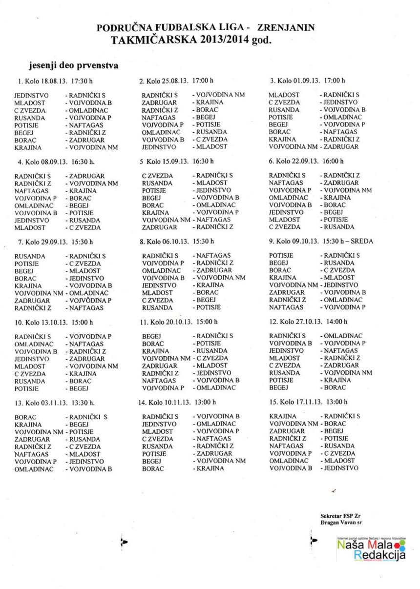Raspored takmičenja – Liga B FSG Zrenjanin